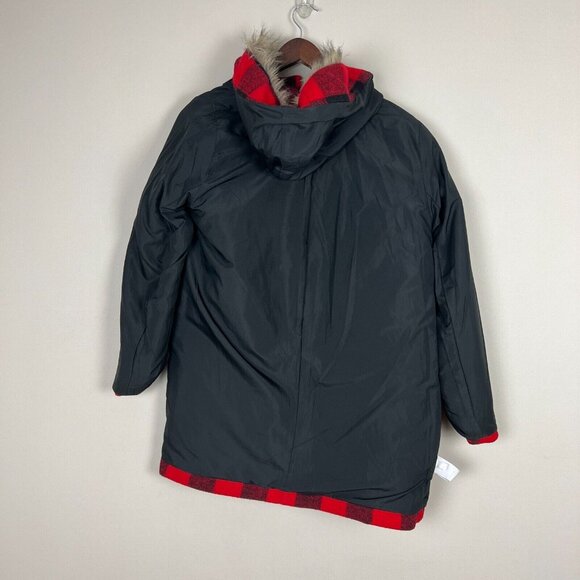 J Crew Jacket Womens 6 Red Vail Parka Coat Buffalo Check Plaid‎ Faux Fur Hood - Picture 9 of 13